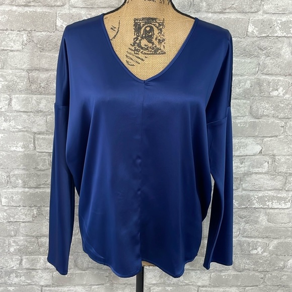 Stella & Dot Blue Satin Vneck Blouse - Picture 1 of 5